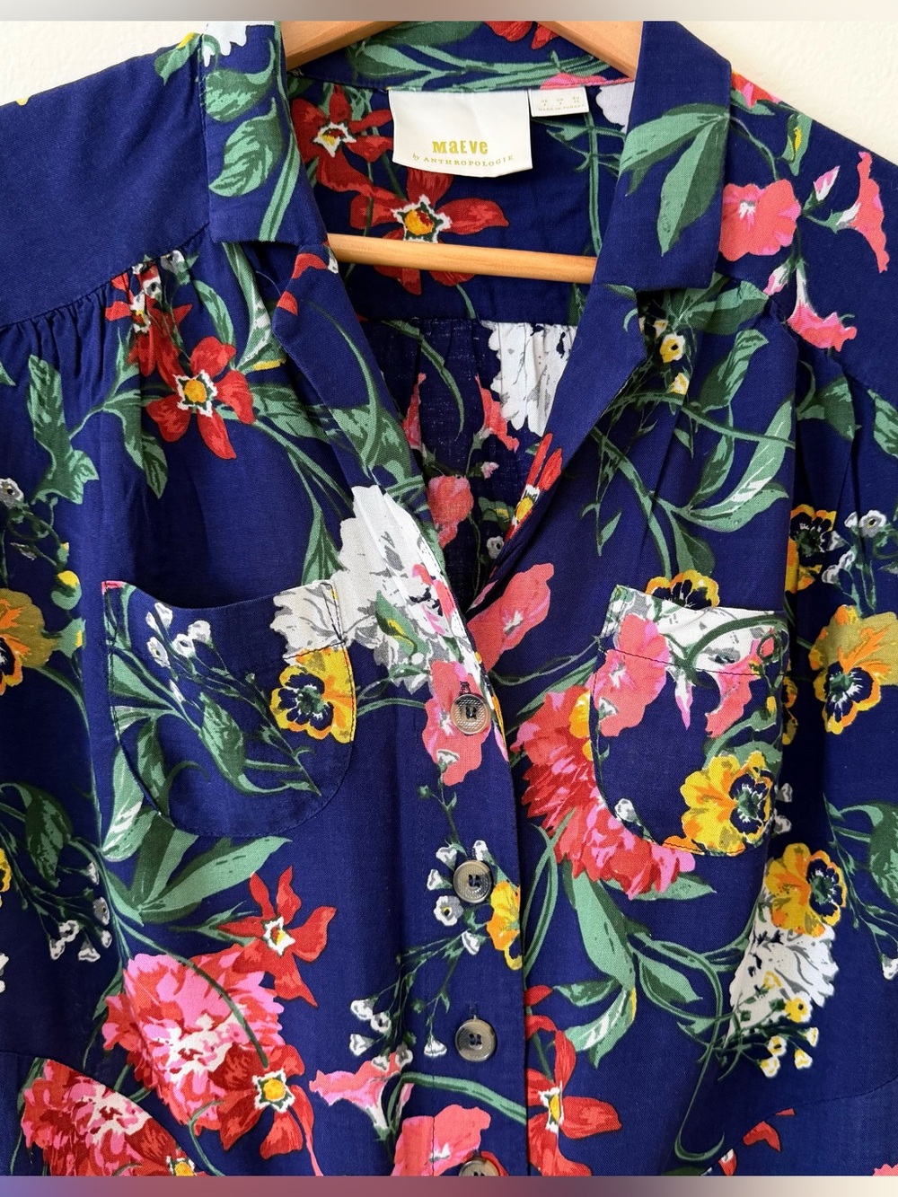 Anthropologie Navy Floral Button-Front Tie Short-Sleeve Top - Picture 3 of 8